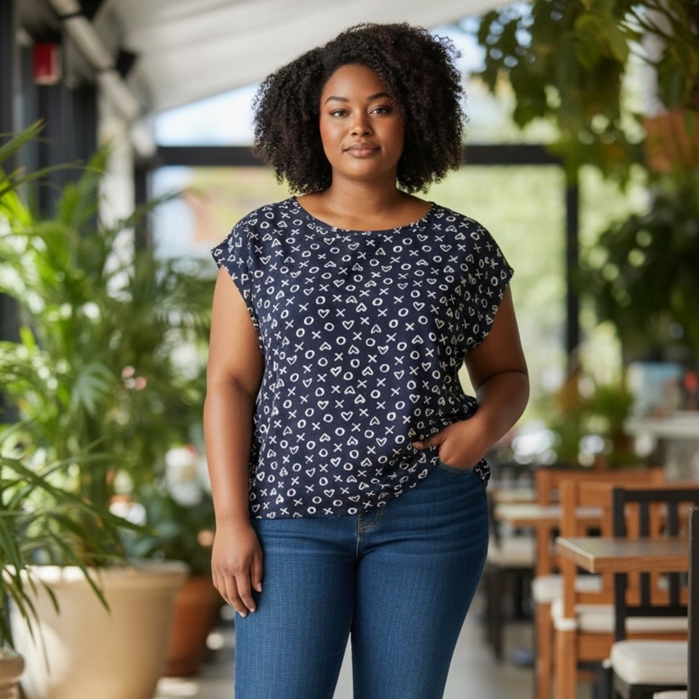 Reitmans Navy Blue Short Sleeve Patterned Blouse